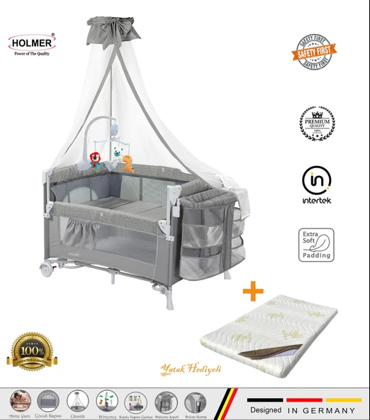 HOLMER Coolstyle (Anne Yanı -Deluxe Kumaş) Cibinlikli Dönenceli Oyun Parkı 70x110cm Gri + Aloevera Yatak ürün görseli 1