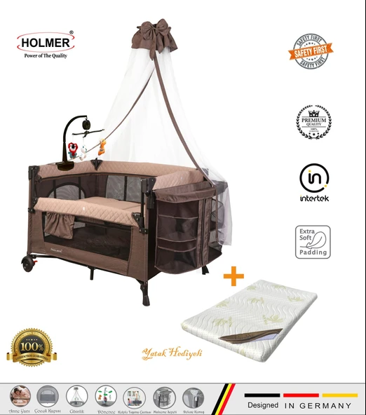 HOLMER Coolstyle (Anne Yanı -Deluxe Kumaş) Cibinlikli Dönenceli Oyun Parkı 70x110cm Bej + Aloevera Yatak ürün görseli 1
