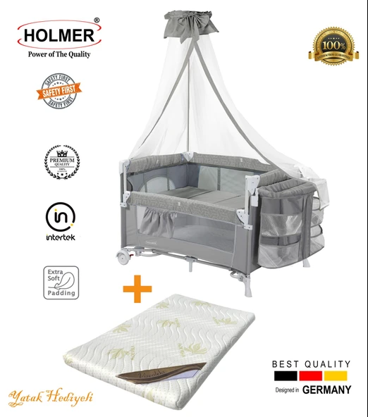 HOLMER Coolstyle Cibinlikli Anne Yanı Oyun Parkı 70x110cm Açık Gri+Aloevera Yatak ürün görseli 1