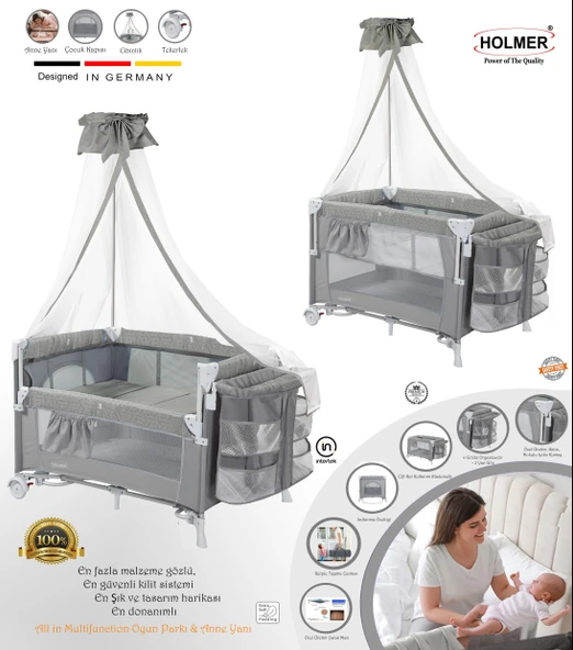 HOLMER Coolstyle (Deluxe Kumaş) Premium Cibinlikli Anne Yanı/Oyun Parkı/Park yatak 70x110cm Deluxe Gri ürün görseli 1