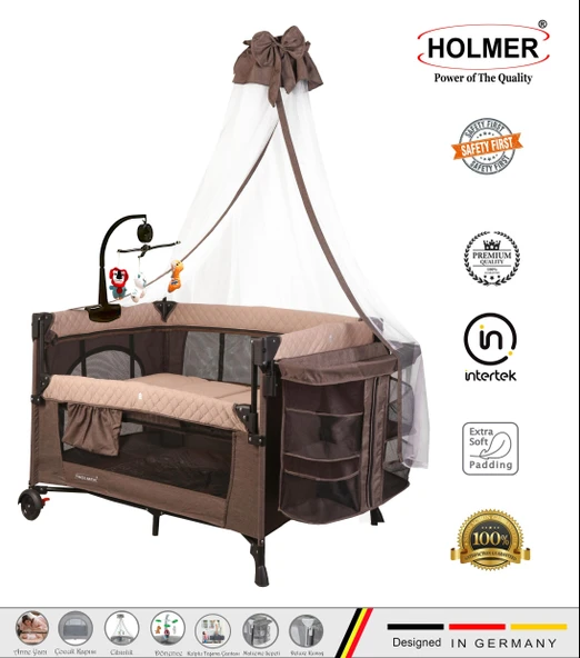 HOLMER Coolstyle (Deluxe Kumaş) Premium Cibinlikli Dönenceli Anne Yanı/Oyun Parkı/Park Yatak 70x110cm Bej ürün görseli 1