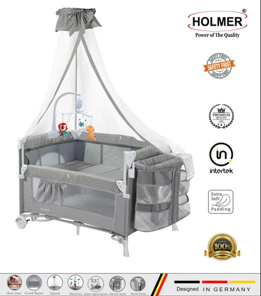 HOLMER Coolstyle (Deluxe Kumaş) Premium Cibinlikli Dönenceli Anne Yanı/Oyun Parkı/Park Yatak 70x110cm Gri ürün görseli 1
