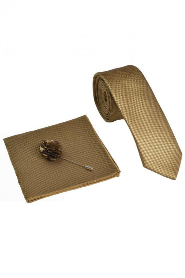 Brianze Gold Kravat Mendil Yaka Çiçeği Set - Resim 3
