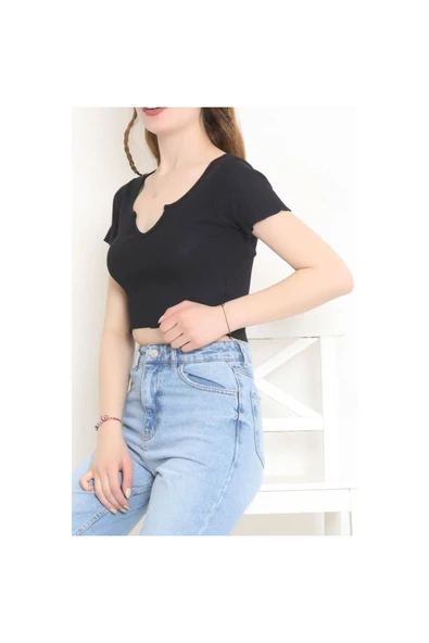 Siyah Kısa Kol Crop Buluz - Resim 4