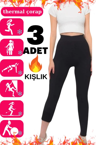 3 Lü Kadın Siyah Termal Havlu Polar Esnek Örme Tayt ürün görseli 1