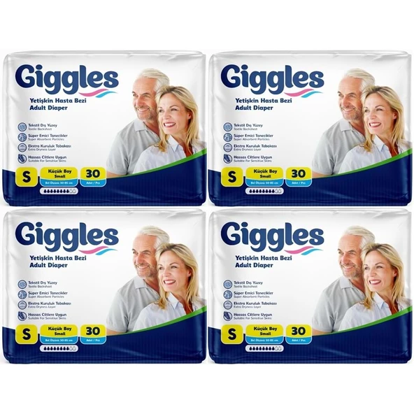 Giggles Yetişkin Bezi Bel Bantlı Tekstil Yüzey Küçük - Small (S) 120 Adet (4PK*30) ürün görseli 1