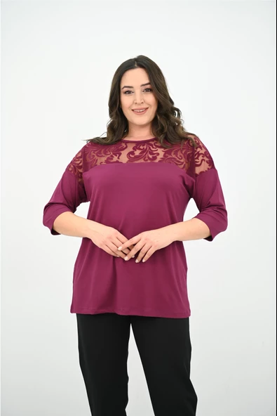 Kadın Büyük Beden Kadife Tül Detaylı Bluz 1856-2 ürün görseli 1