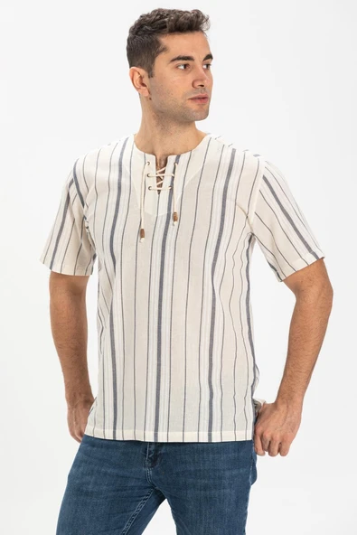 Kısa Kol Şile Bezi Zımbalı Erkek Yazlık Tshirt Ekru Gri Çizgili 3028 ürün görseli 1