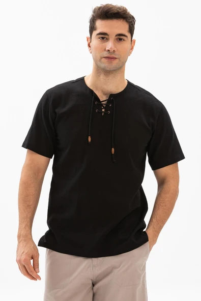 Kısa Kol Şile Bezi Zımbalı Erkek Yazlık Tshirt Siyah 3003 ürün görseli 1