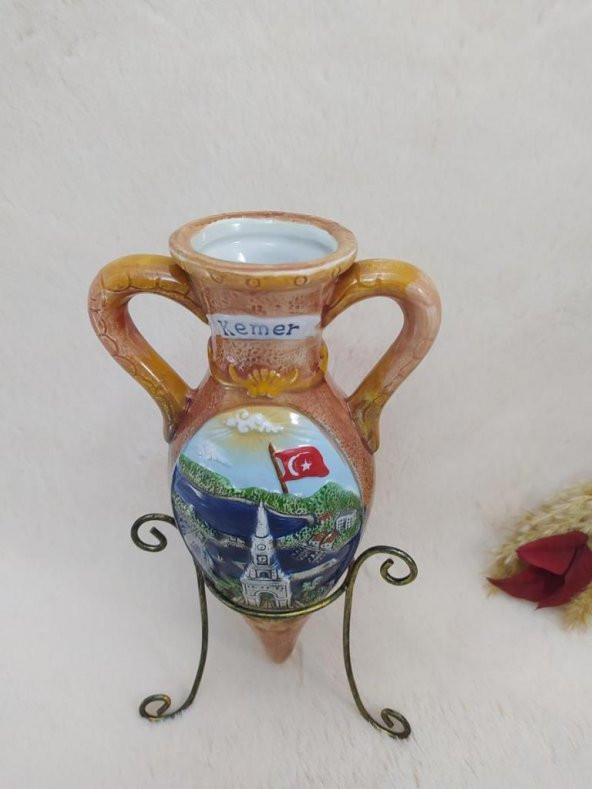 Testi  Vazo Çiçeklik Amfora Kulplu Ayaklı Vazo  Kemer Yazılı Seramik ürün görseli 1