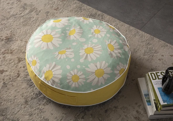 Papatya Desenli Yuvarlak Taşınabilir Dekoratif Yer Minderi Puf 60x60 cm ürün görseli 1