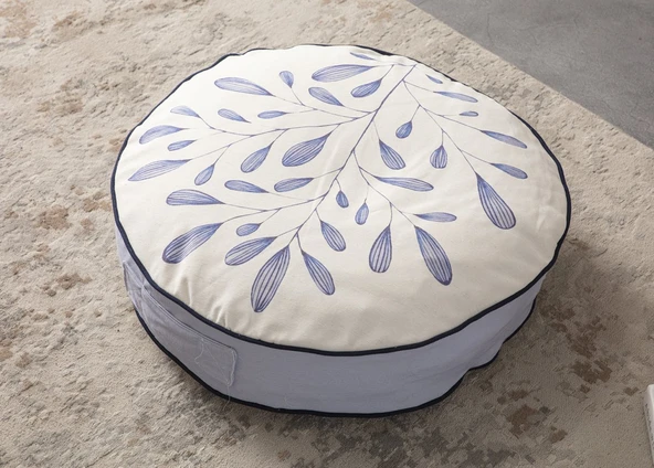 Mavi Dal Desenli Yuvarlak Dekoratif Taşınabilir Yer Minderi Puf 60 x 60 cm ürün görseli 1