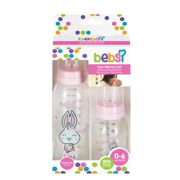 Bebsi Cam Biberon Seti Pembe (250ML+125ML) (6 Lı Set) - Resim 3