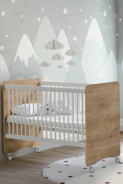 Babywhen BW1026 - Pratik Kademeli Tekerlekli Bebek Beşik Ahşap 60x120 ürün görseli 1