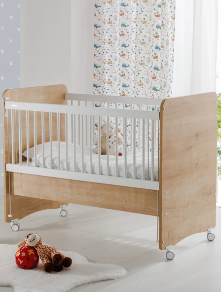 Babywhen BW1066 - Pratik Kademeli Anne Yanı Tekerlekli Bebek Beşik Ahşap 60x120 ürün görseli 1