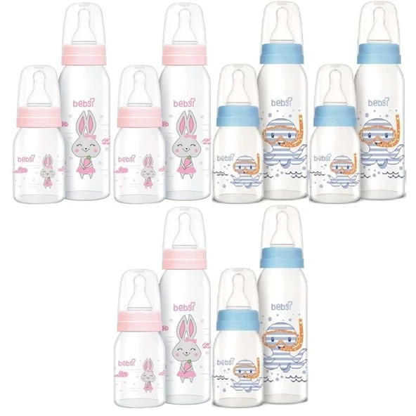 Bebsi Cam Biberon Seti (Mavi - Pembe) (250ML+125ML) (Karma 6 Lı Set) ürün görseli 1