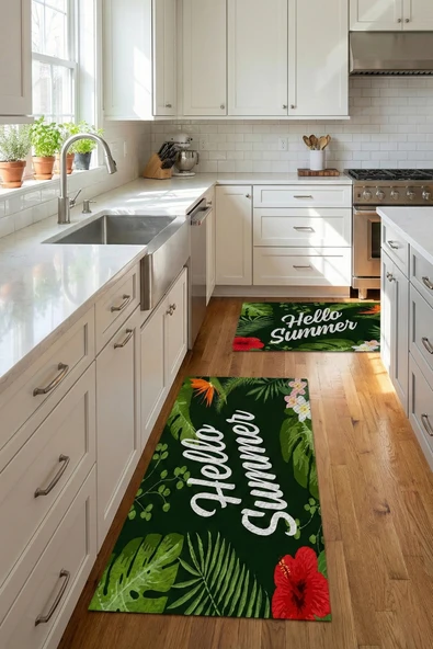 Valerine Life Mutfak Yolluğu Halısı Hello Summer Yeşil Tezgah Önü Paspası İkili Kilim Takımı Döküntülere Estetik Çözüm M ürün görseli 1