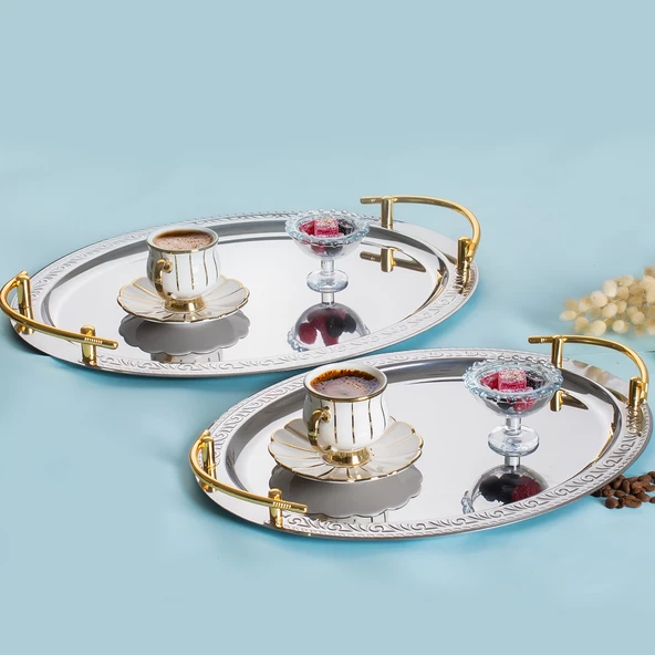 Porsima Elit Premium 2'li Paslanmaz Çelik Kahve Tepsisi Gümüş Tepsi Gold Detaylı Dekoratif Servis Sunum Tepsisi ürün görseli 1