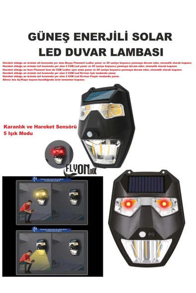 Güneş Enerjili Solar Led Duvar Lambası 5 Işık Modlu Karanlık  Otomatik  Devre  Ev,Bahçe,Teras Fener ürün görseli 1