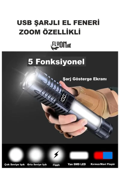 USB ŞARJLI EL FENERİ 5 FONKSİYONLU P50 LED -SMD LED ZOOMLU GÖSTERGE EKRANLI KAMP EV OFİS BALIKÇILIK ürün görseli 1
