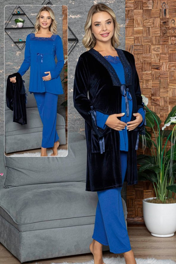 Jenika 42446 Kadın Mavi Sabahlıklı 3lü Hamile Pijama Takımı ürün görseli 1