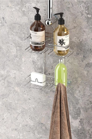 Geseus Duş Borusuna Asılabilir Kancalı Banyo Rafı Krom BK067 ürün görseli 1