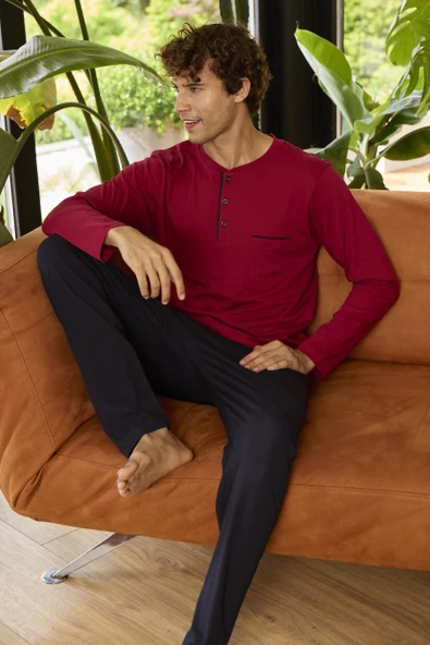 Kly Premium Erkek %100 Pamuklu 4 Mevsim Rahat Kalıp Düğmeli Yaka Uzun Kollu Pijama Takım ürün görseli 1