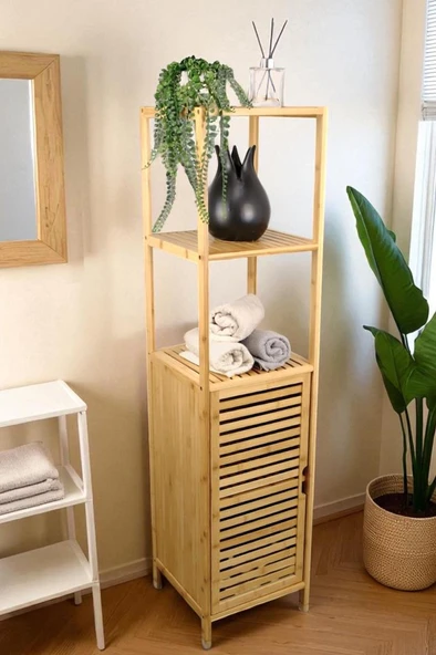 Digithome Bambu Tek Kapaklı 3 Raflı Çok Amaçlı Banyo Düzenleyici Organizer Dik Dolap DB-0037 ürün görseli 1