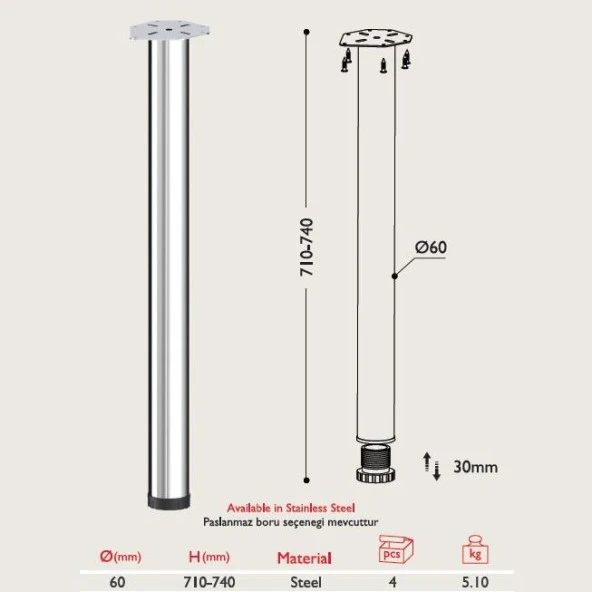 Masa Ayağı - 60mm Krom 71cm 4 adet - Resim 3