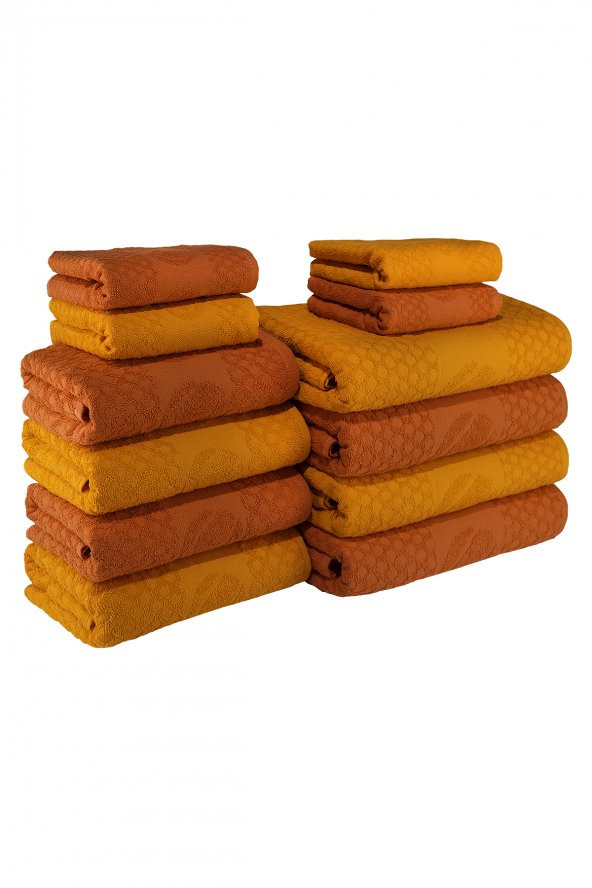 Textile Colors Raket Desenli Pamuk Banyo Havlu Seti 12 Adet, 4 Banyo havlusu, 4 El Havlusu, ve 4 Yüz Havlusu, -Style- Açık Kırmızı, Turuncu ürün görseli 1