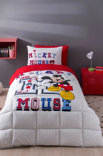 Lastikli Çarşaflı Lisanslı Tek Kişilik Çocuk Uyku Seti-Mickey Mouse Collage Gri