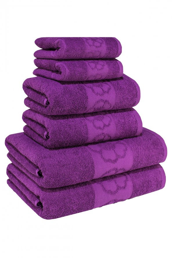 Textile Colors Menekşe Desenli 100 Pamuk Banyo Havlu Seti 6 Adet, 2 Banyo havlusu, 2 El Havlusu, ve 2 Yüz Havlusu, -Comfort- Violet, ürün görseli 1