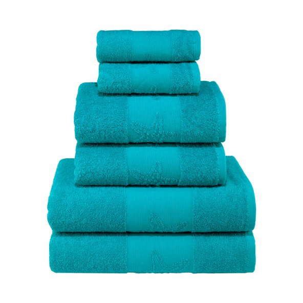 Textile Colors Deniz Yıldızı Desenli 100 Pamuk Banyo Havlu Seti 6 Adet, 2 Banyo Havlusu, 2 El Havlusu, ve 2 Yüz Havlusu, -Comfort- Aqua ürün görseli 1