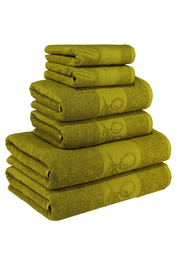 Textile Colors Zeytin Desenli 100 Pamuk Banyo Havlu Seti 6 Adet, 2 Banyo havlusu, 2 El Havlusu, ve 2 Yüz Havlusu, -Style- Açık Zeytin Yeşil, ürün görseli 1