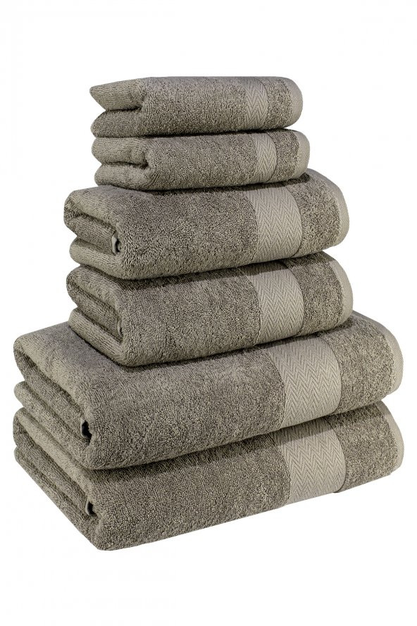 Textile Colors Bordür Desenli 100 Pamuk Banyo Havlu Seti 6 Adet, 2 Banyo Havlusu, 2 El Havlusu, ve 2 Yüz Havlusu, -Vision- Kahverengi, ürün görseli 1
