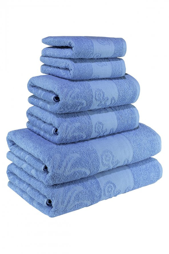 Textile Colors Deniz Kızı Desenli 100 Pamuk Banyo Havlu Seti 6 Adet, 2 Banyo Havlusu, 2 El Havlusu, ve 2 Yüz Havlusu, -Elegance- Açık Mavi, ürün görseli 1