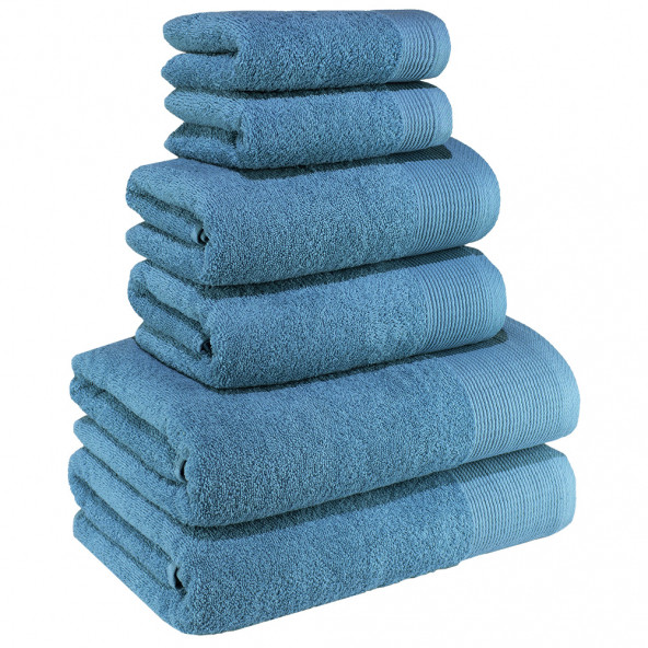 Textile Colors Bordür Kenar Desenli 100 Pamuk Banyo Havlu Seti 6 Adet, 2 Banyo Havlusu, 2 El Havlusu, ve 2 Yüz Havlusu, -Exclusive- Mavi, ürün görseli 1