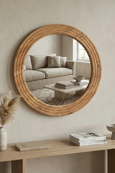 Antik Ahşap Dekoratif Ayna Yuvarlak Ayna Duvar Aynası Banyo Lavabo Aynası - 56 Cm ürün görseli 1