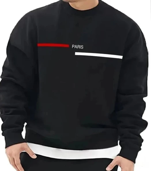 Oversize Paris Şerit Baskılı Pamuklu Kapşonsuz Bisiklet Yaka Unisex Sweatshirt ürün görseli 1