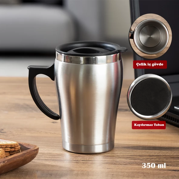 Porsima 05550 Paslanmaz Çelik Kupa Sızdırmaz Çelik Termos Araç Termosu El Termosu Yalıtımlı Bardak 350ml -Gümüş ürün görseli 1