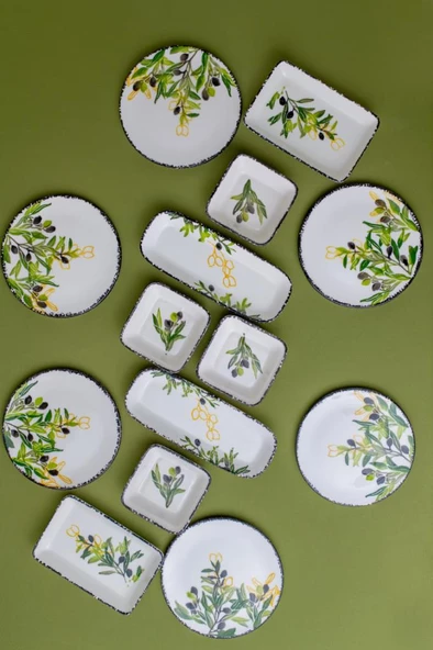 14 Parça 6 Kişilik Seramik Kahvaltı Takımı Zeytin Desenli Yuvarlak Kahvaltı Seti ürün görseli 1