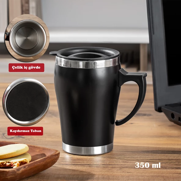 Porsima 05667 Paslanmaz Çelik Kupa Sızdırmaz Çelik Termos Araç Termosu El Termosu Yalıtımlı Bardak 350ml -Siyah ürün görseli 1