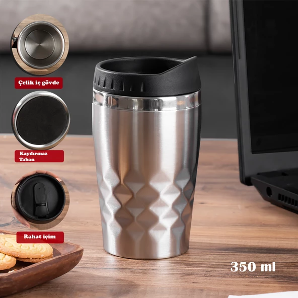 Porsima 05554 Paslanmaz Çelik Kupa Sızdırmaz Çelik Termos Araç Termosu El Termosu Yalıtımlı Bardak 350ml -Gümüş ürün görseli 1