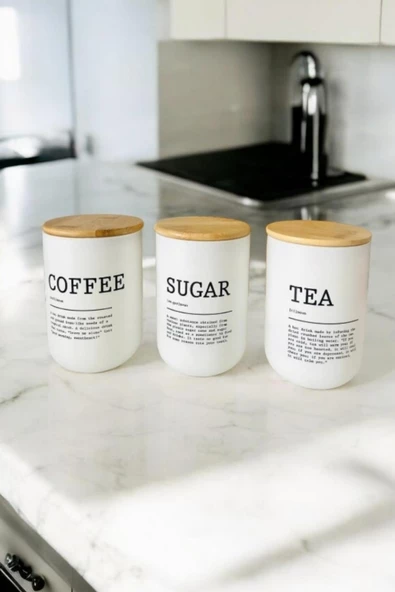 3 lü Bambu Kapaklı Çay, Kahve, Şeker Kavanozu -  Beyaz Cam Tea Sugar Coffee Saklama Seti ürün görseli 1