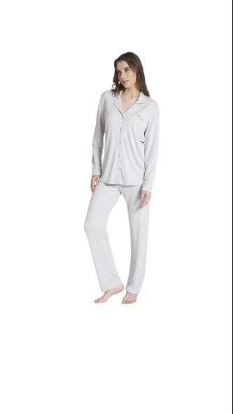 Pijadore Kadın Gri Viskon Önü Düğmeli Uzun Kollu Pijama Takımı 1706 ürün görseli 1