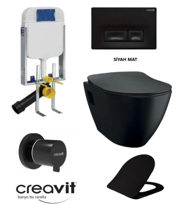 Creavit TP325 Siyah Mat Asma Klozet Set + Duck Yavaş Kapanır Kapak Siyah Mat 5 Parça Set ürün görseli 1