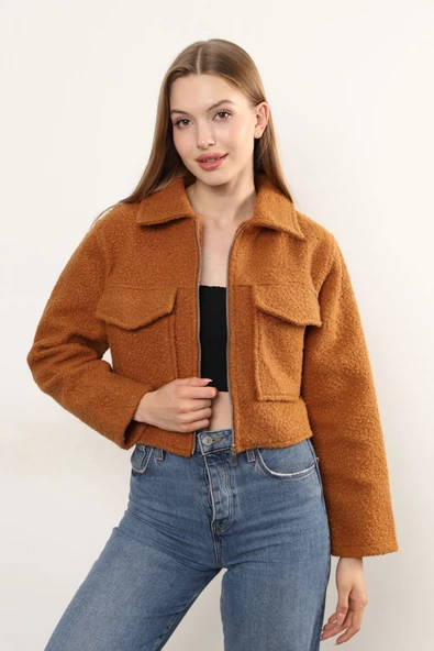 Peluş Kürklü Cepli Kadın Ceket - Resim 3
