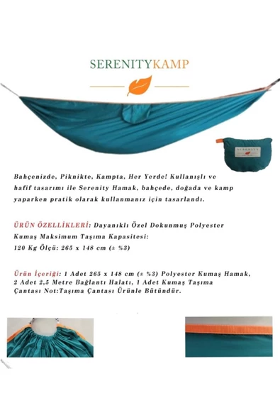 Sarelime  Kamp Hamağı Salıncak Hamak Turkuaz Yeşil Renk Piknik Bahçe Balkon Outdoor Pratik Kurulum ürün görseli 1