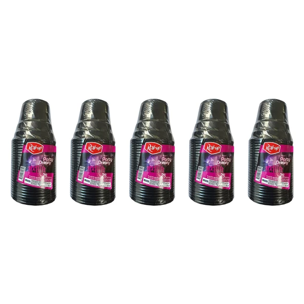 Roll-Up Party Dreams Parti Davet Piknik Renkli Plastik Sert Mika Bardak - Siyah - 25'li 5 Paket ürün görseli 1