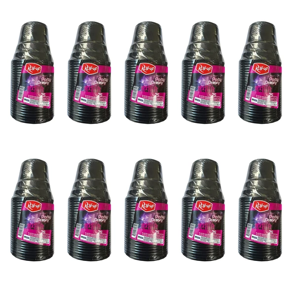 Roll-Up Party Dreams Parti Davet Piknik Renkli Plastik Sert Mika Bardak - Siyah - 25'li 10 Paket ürün görseli 1